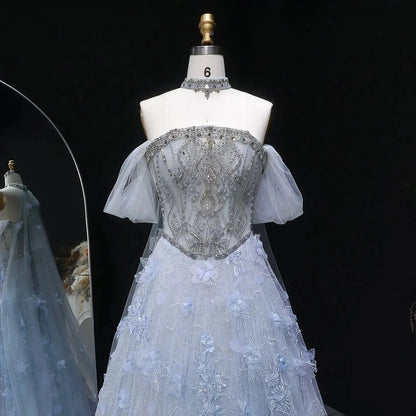 Luxury Blue 3D Floral Beaded Ball Gown Evening Dress with Overskirt SS745