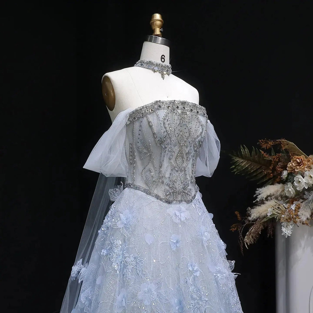 Luxury Blue 3D Floral Beaded Ball Gown Evening Dress with Overskirt SS745