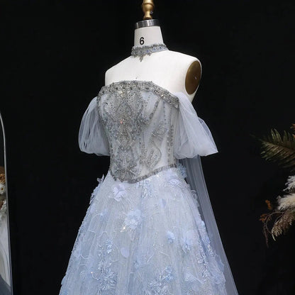 Luxury Blue 3D Floral Beaded Ball Gown Evening Dress with Overskirt SS745