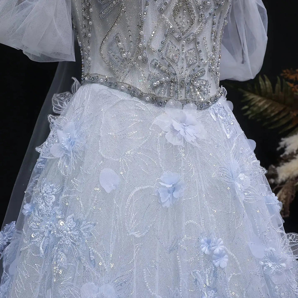 Luxury Blue 3D Floral Beaded Ball Gown Evening Dress with Overskirt SS745