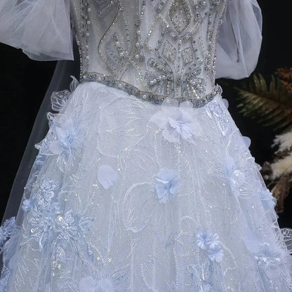 Luxury Blue 3D Floral Beaded Ball Gown Evening Dress with Overskirt SS745