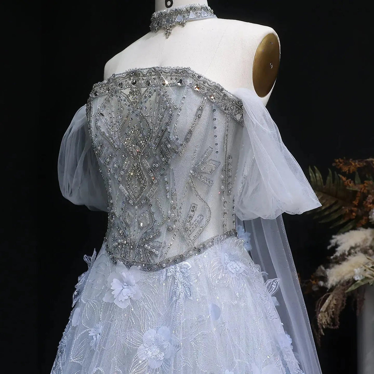 Luxury Blue 3D Floral Beaded Ball Gown Evening Dress with Overskirt SS745