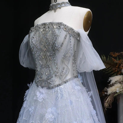 Luxury Blue 3D Floral Beaded Ball Gown Evening Dress with Overskirt SS745