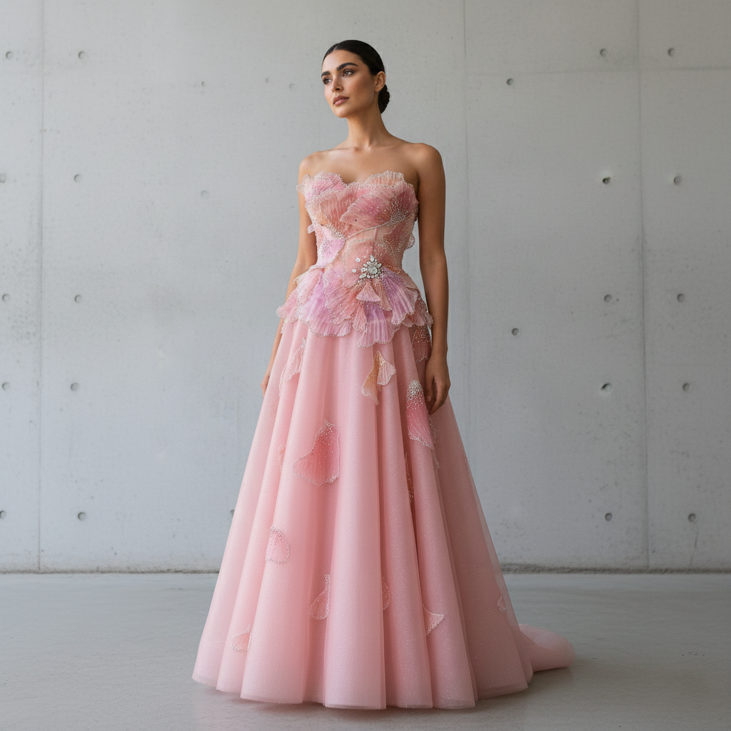 Elegant Pink 3D Floral Beaded Ball Gown Evening Dress SS749