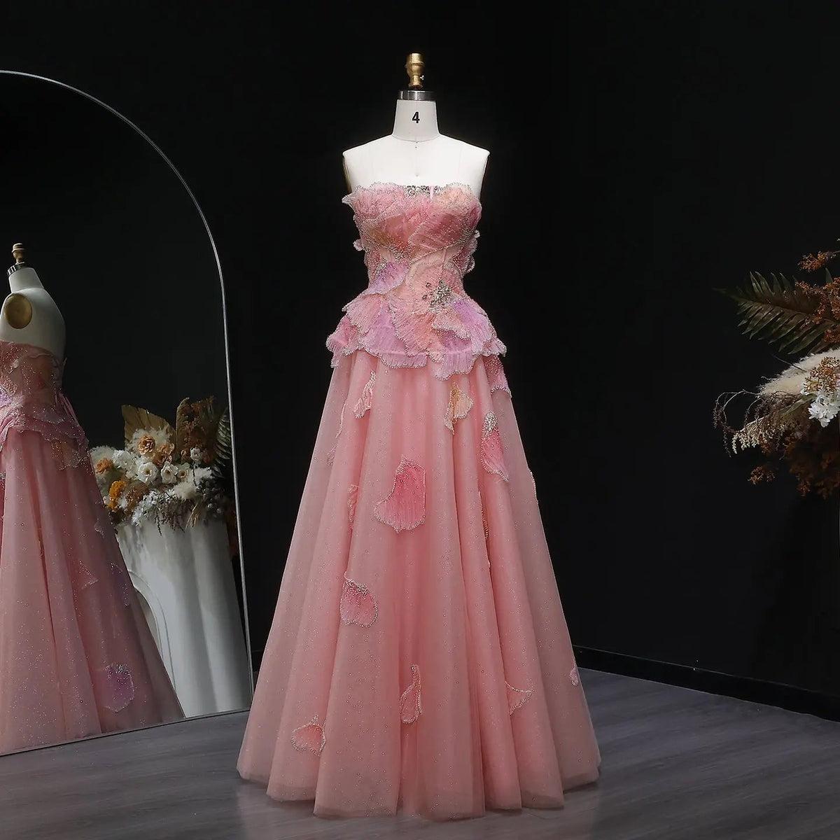 Luxury Chic Beaded Pink 3D Floral Ball Gown Evening Dress SS749