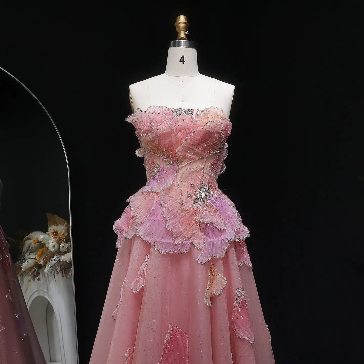 Luxury Chic Beaded Pink 3D Floral Ball Gown Evening Dress SS749