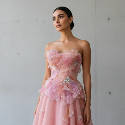 Luxury Chic Beaded Pink 3D Floral Ball Gown Evening Dress SS749