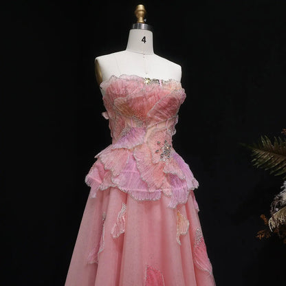 Luxury Chic Beaded Pink 3D Floral Ball Gown Evening Dress SS749