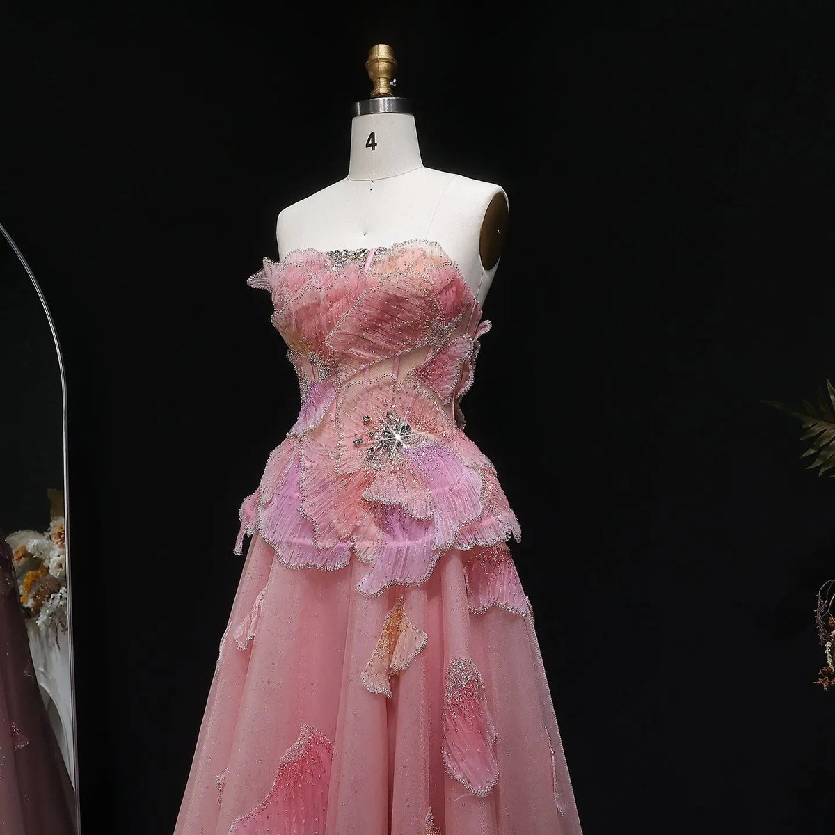 Luxury Chic Beaded Pink 3D Floral Ball Gown Evening Dress SS749