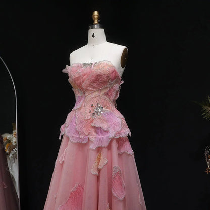 Luxury Chic Beaded Pink 3D Floral Ball Gown Evening Dress SS749