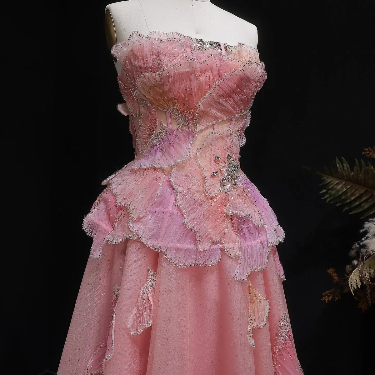 Luxury Chic Beaded Pink 3D Floral Ball Gown Evening Dress SS749