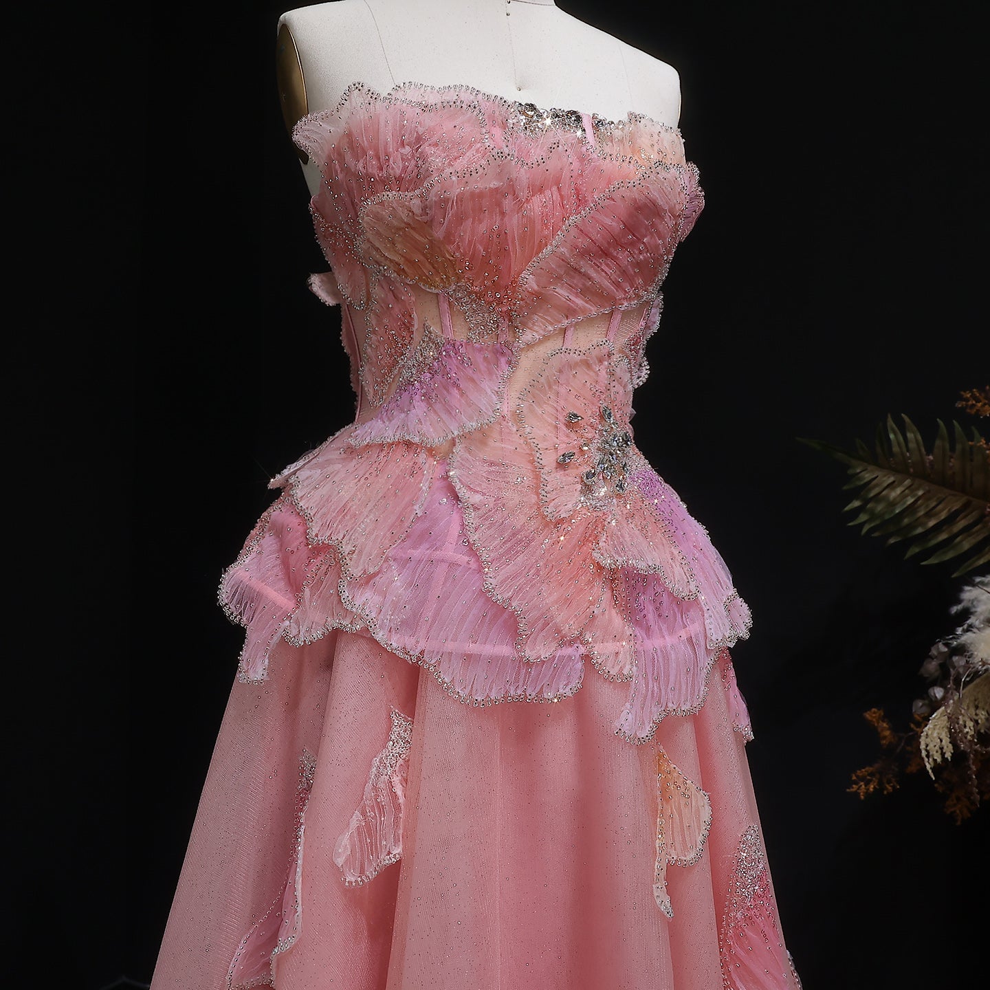 Elegant Pink 3D Floral Beaded Ball Gown Evening Dress SS749