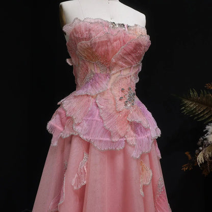 Luxury Chic Beaded Pink 3D Floral Ball Gown Evening Dress SS749
