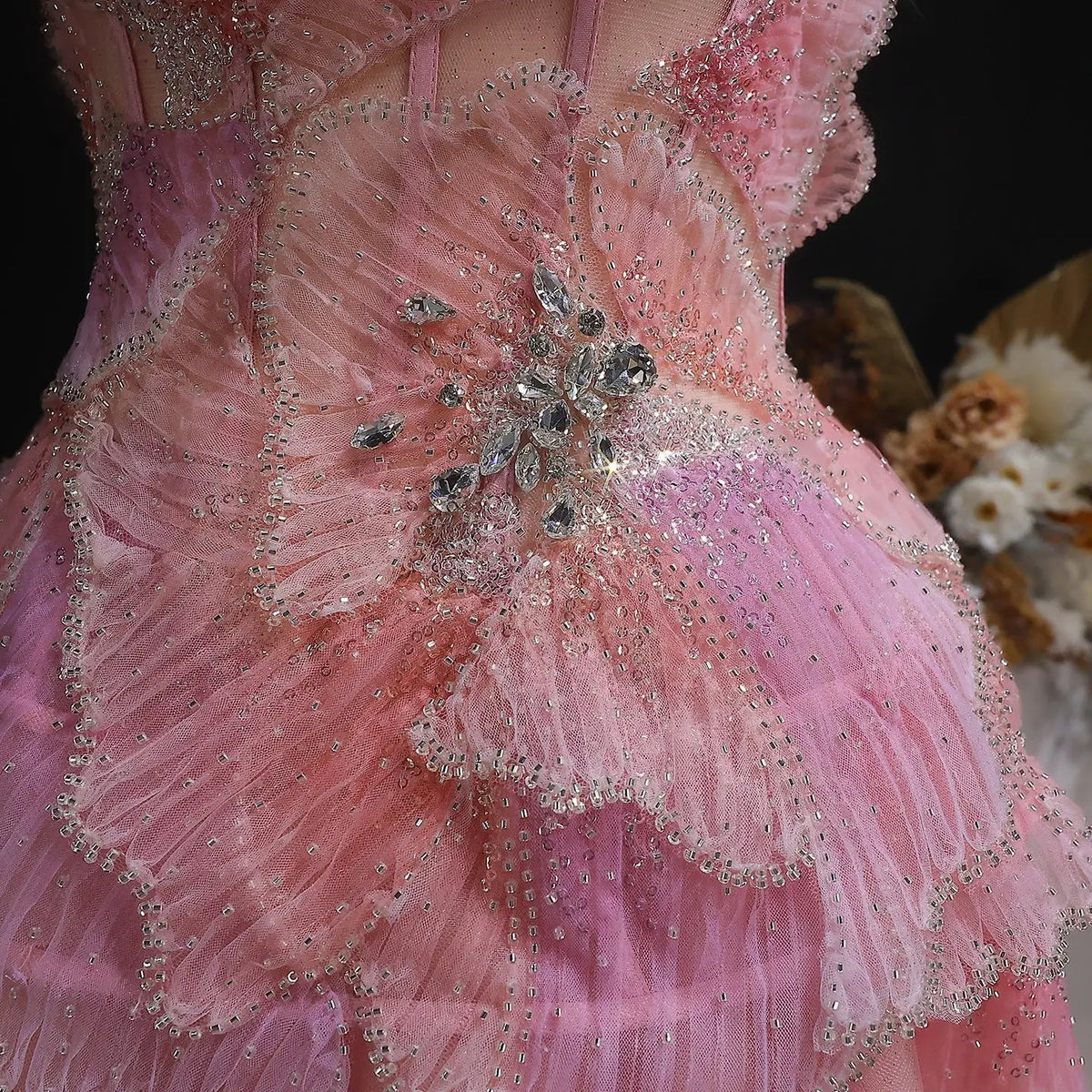 Luxury Chic Beaded Pink 3D Floral Ball Gown Evening Dress SS749