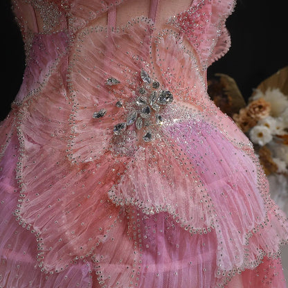 Luxury Chic Beaded Pink 3D Floral Ball Gown Evening Dress SS749