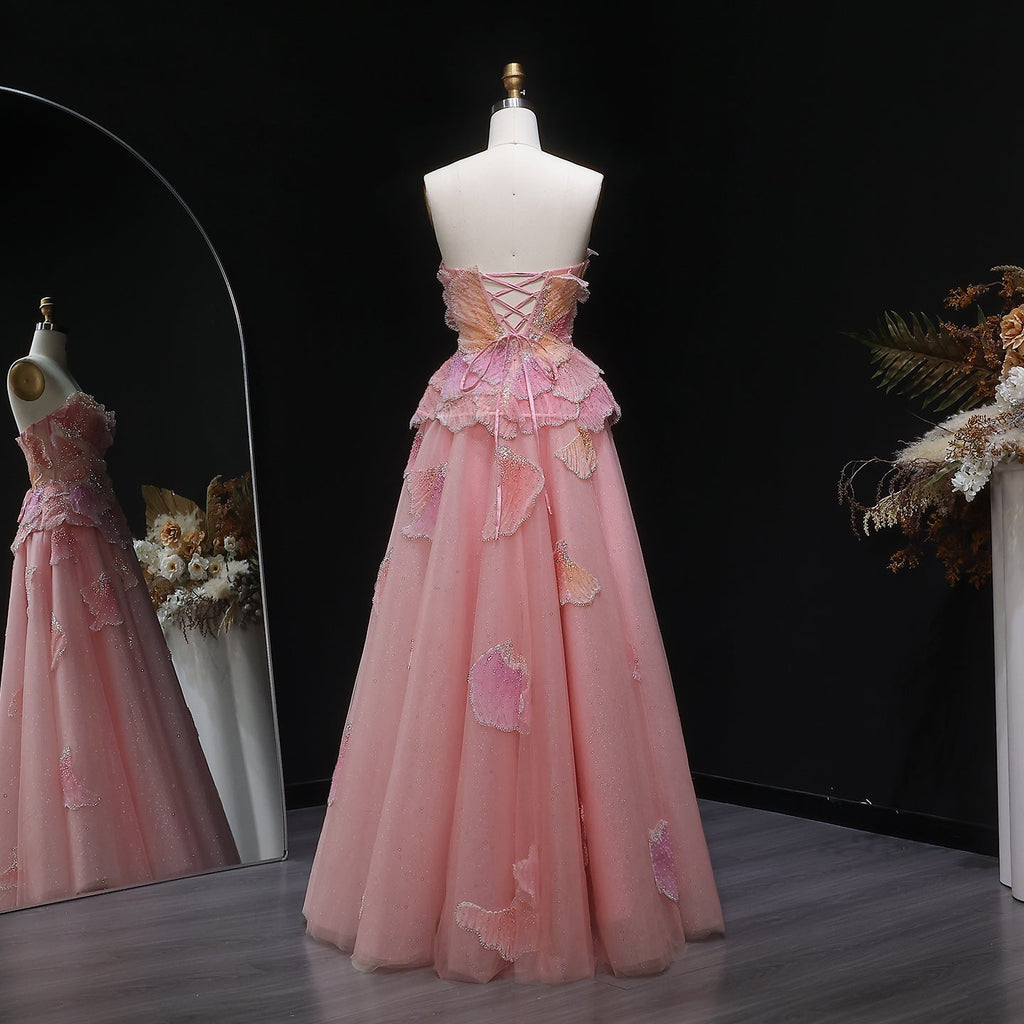 Elegant Pink 3D Floral Beaded Ball Gown Evening Dress SS749