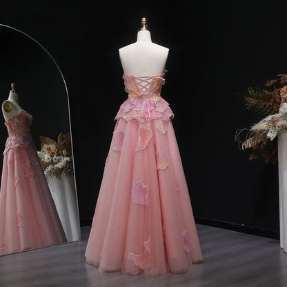 Luxury Chic Beaded Pink 3D Floral Ball Gown Evening Dress SS749