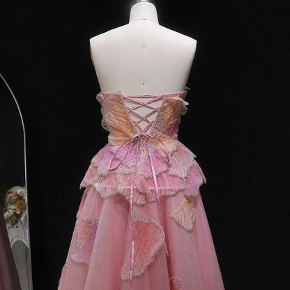 Luxury Chic Beaded Pink 3D Floral Ball Gown Evening Dress SS749