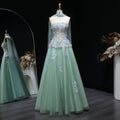 Elegant Sage Green Floral Applique Evening Dress with Scarf SS755