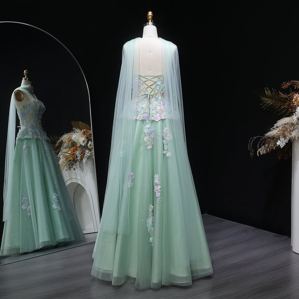 Elegant Sage Green Floral Applique Evening Dress with Scarf SS755