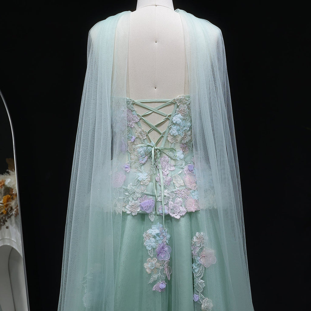 Elegant Sage Green Floral Applique Evening Dress with Scarf SS755