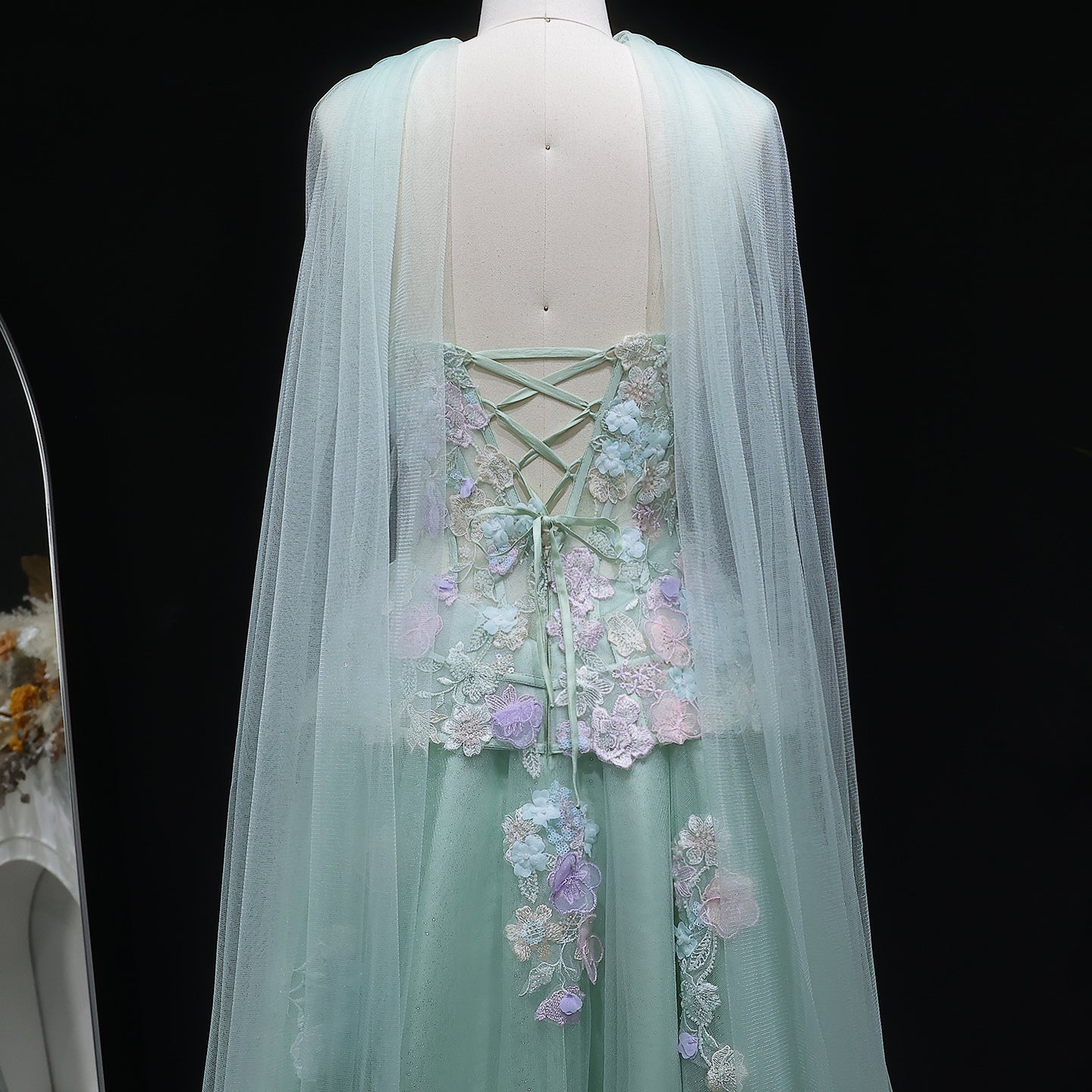 Elegant Sage Green Floral Applique Evening Dress with Scarf SS755