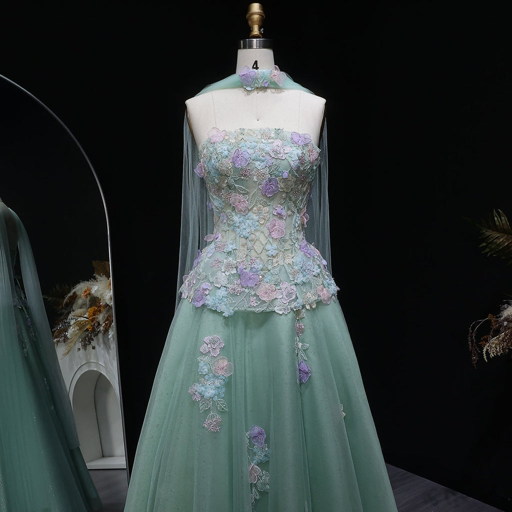 Elegant Sage Green Floral Applique Evening Dress with Scarf SS755