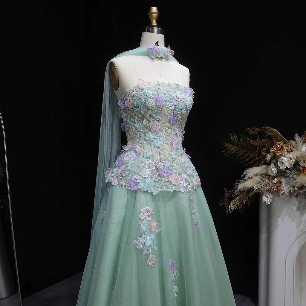 Elegant Sage Green Floral Applique Evening Dress with Scarf SS755