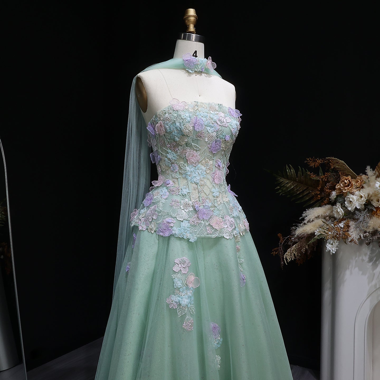 Elegant Sage Green Floral Applique Evening Dress with Scarf SS755