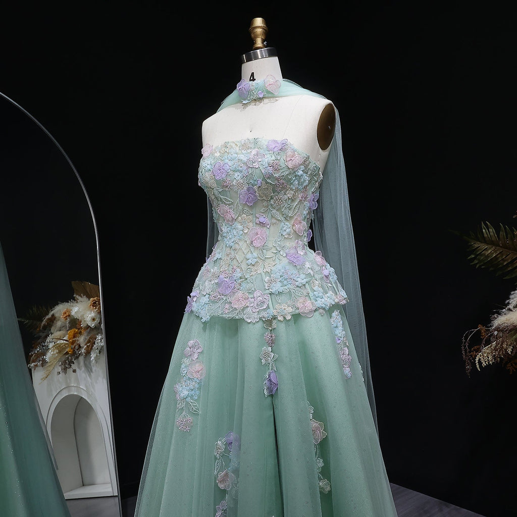 Elegant Sage Green Floral Applique Evening Dress with Scarf SS755