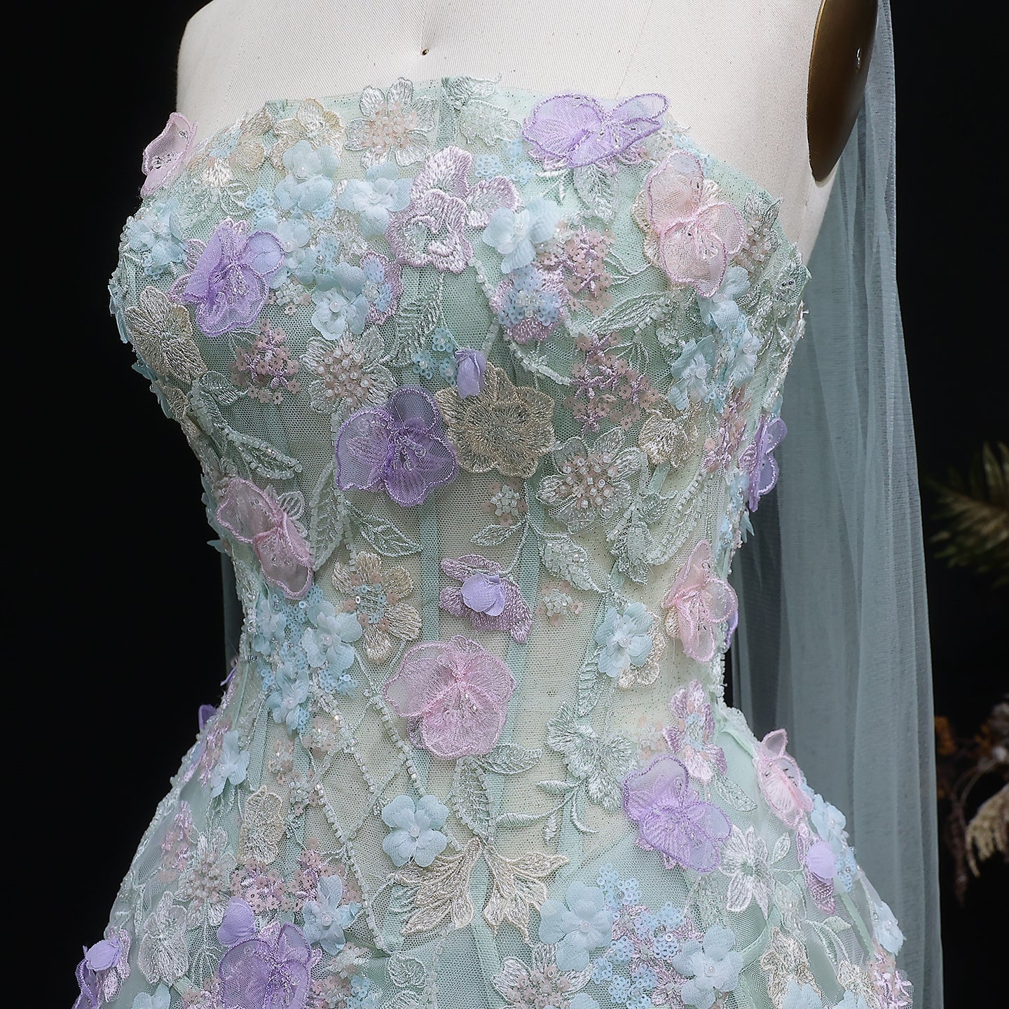Elegant Sage Green Floral Applique Evening Dress with Scarf SS755