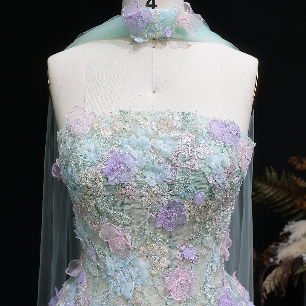 Elegant Sage Green Floral Applique Evening Dress with Scarf SS755