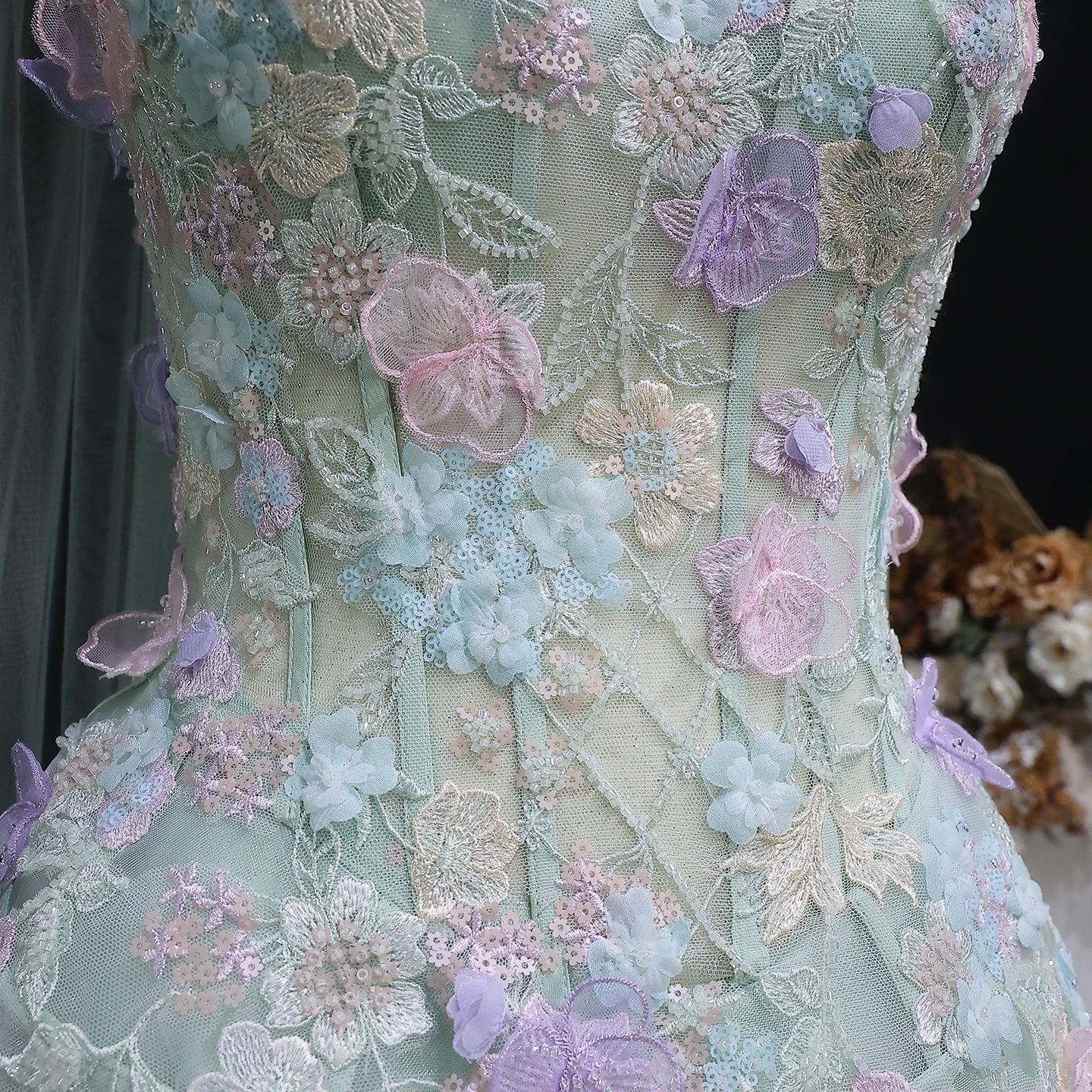 Elegant Sage Green Floral Applique Evening Dress with Scarf SS755