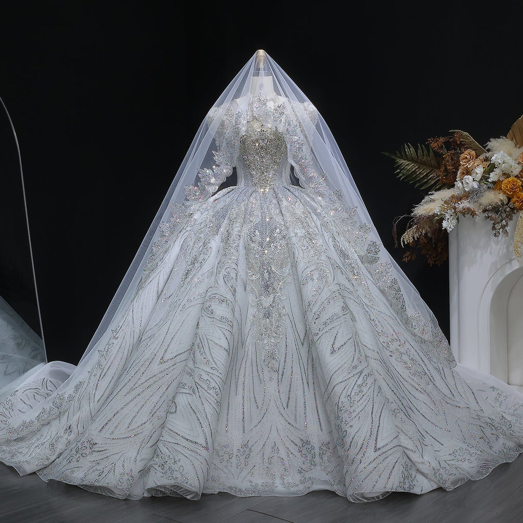 Glamorous White Diamond Embroidery Long Sleeve Wedding Dress SW603