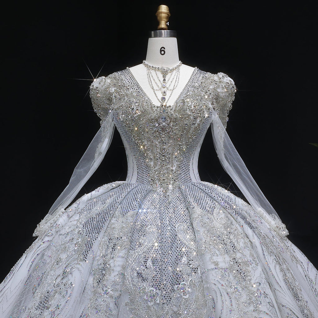 Glamorous White Diamond Embroidery Long Sleeve Wedding Dress SW603