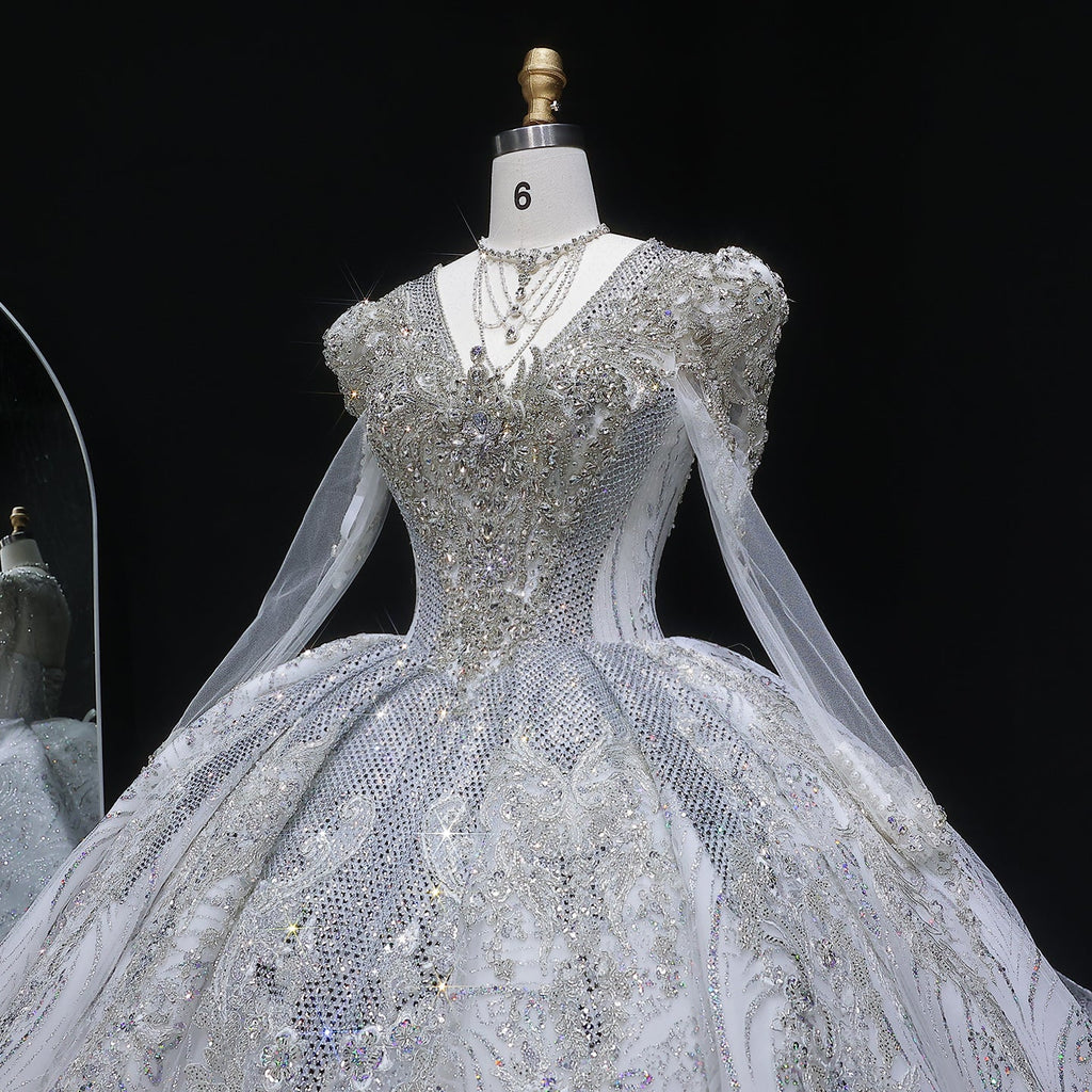 Glamorous White Diamond Embroidery Long Sleeve Wedding Dress SW603