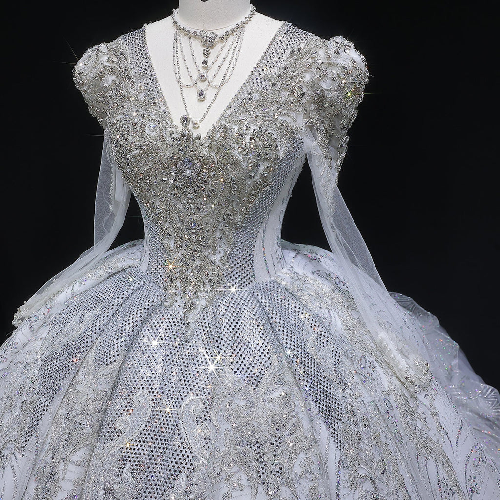 Glamorous White Diamond Embroidery Long Sleeve Wedding Dress SW603