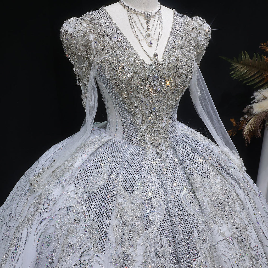 Glamorous White Diamond Embroidery Long Sleeve Wedding Dress SW603