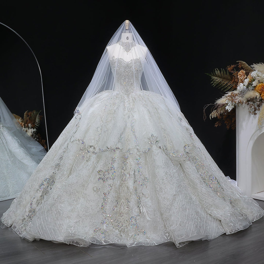 Sparkly White Full-Sequin Embroidery Ball Gown Wedding Dress SW604
