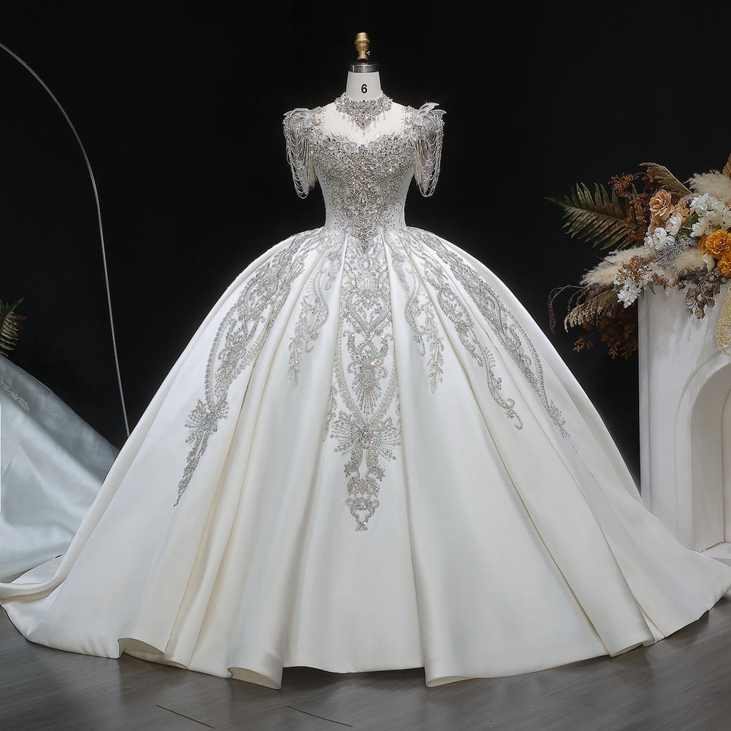 Luxury Ivory Satin Silver Floral Embroidery Ball Gown Wedding Dress SW605