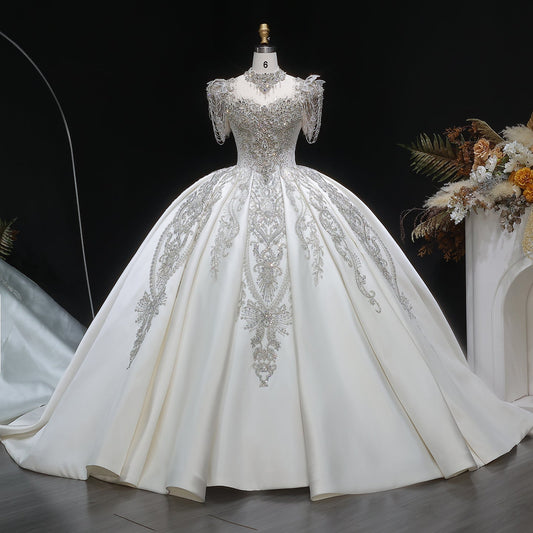 Luxury Ivory Satin Silver Floral Embroidery Ball Gown Wedding Dress SW605