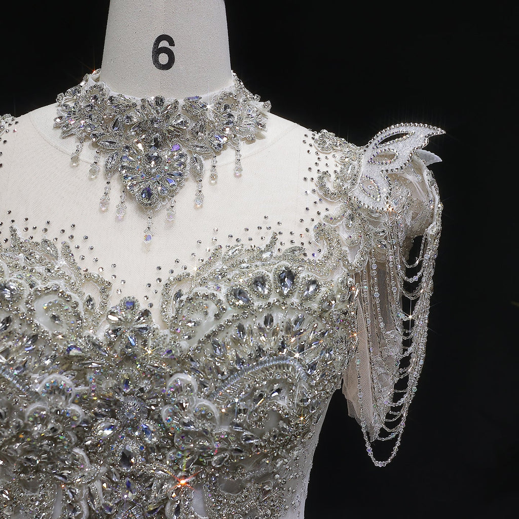 Luxury Ivory Satin Silver Floral Embroidery Ball Gown Wedding Dress SW605