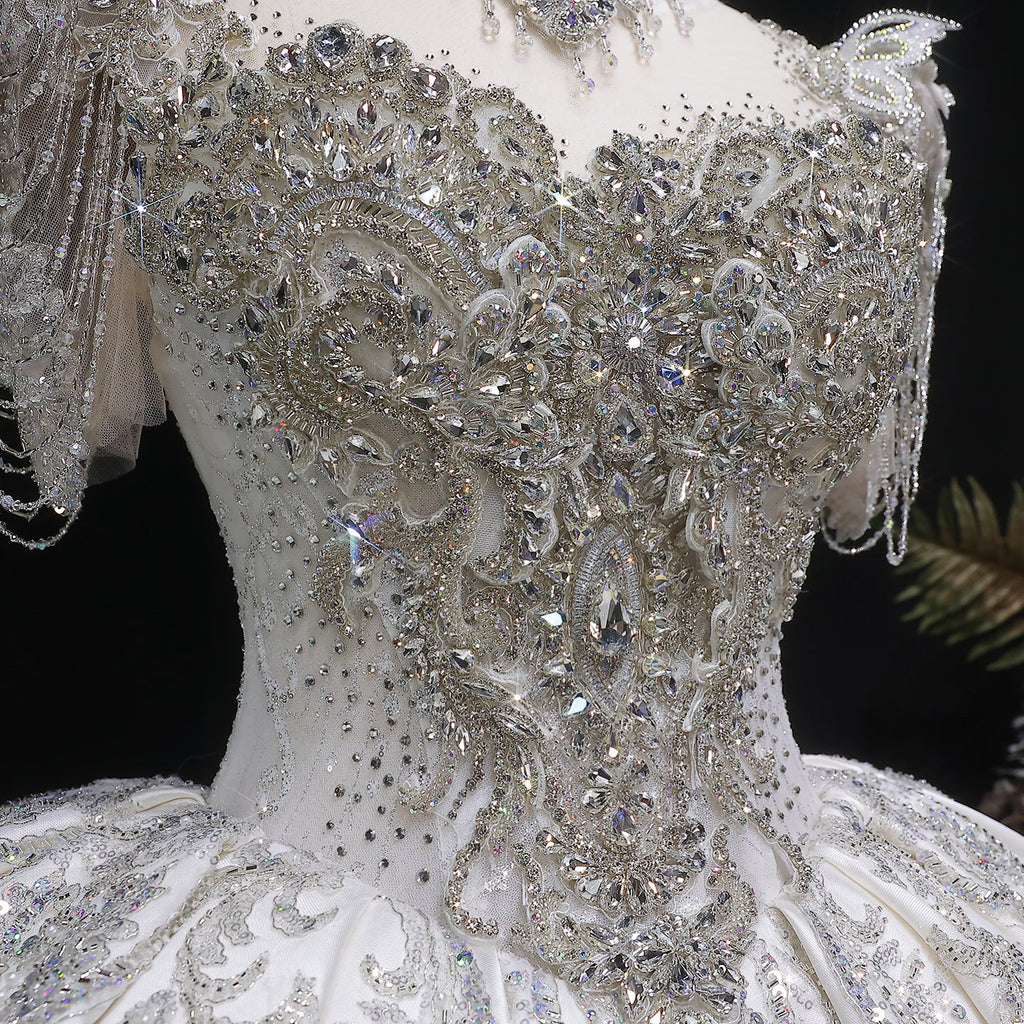 Luxury Ivory Satin Silver Floral Embroidery Ball Gown Wedding Dress SW605