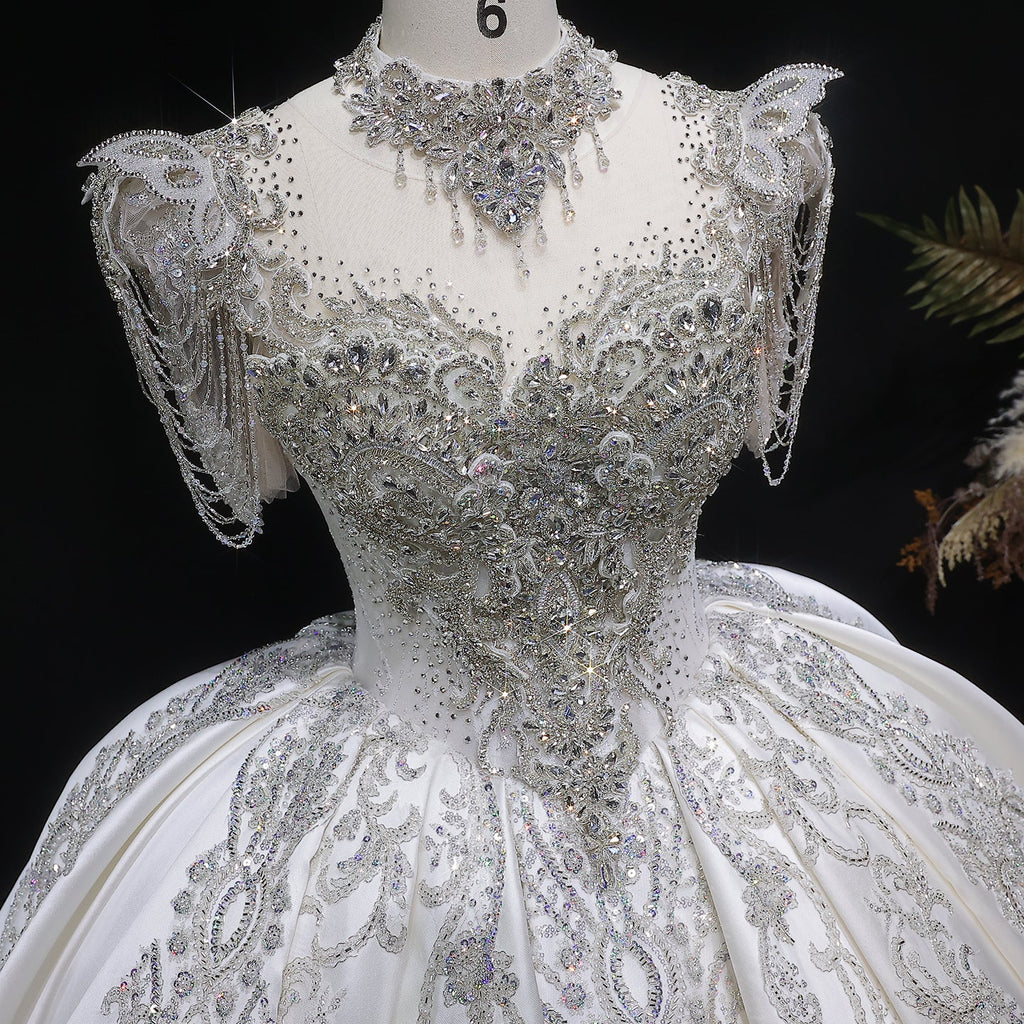 Luxury Ivory Satin Silver Floral Embroidery Ball Gown Wedding Dress SW605