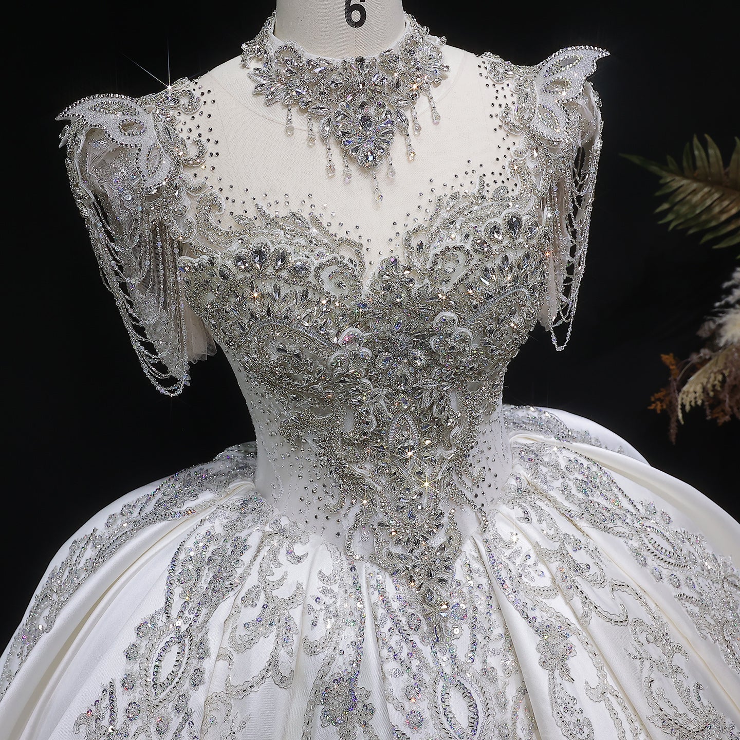 Luxury Ivory Satin Silver Floral Embroidery Ball Gown Wedding Dress SW605