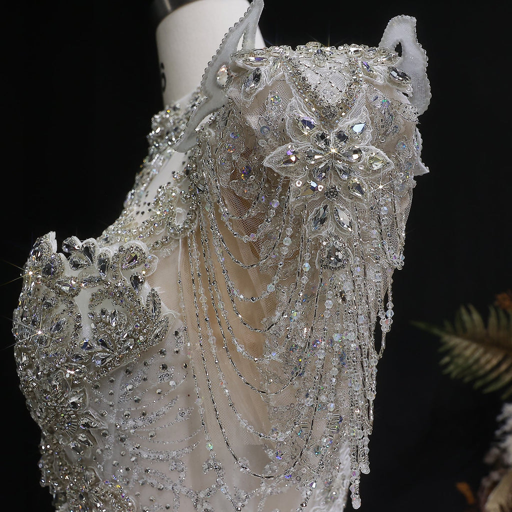 Luxury Ivory Satin Silver Floral Embroidery Ball Gown Wedding Dress SW605