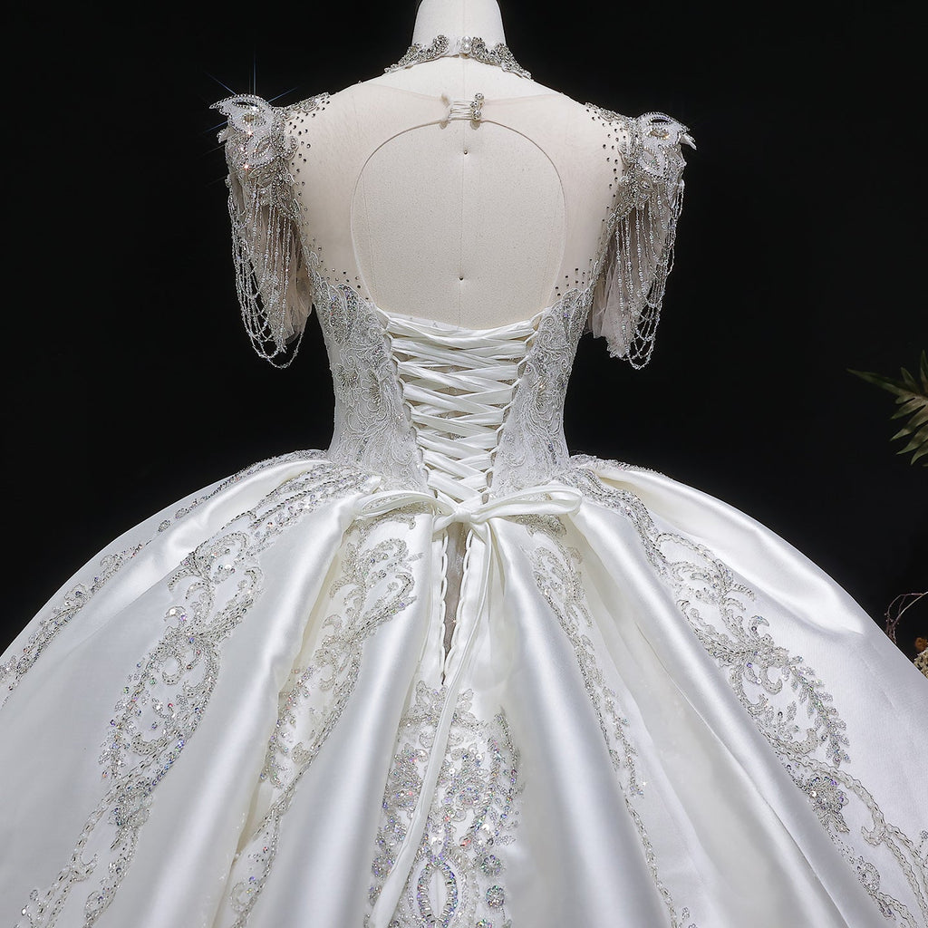 Luxury Ivory Satin Silver Floral Embroidery Ball Gown Wedding Dress SW605