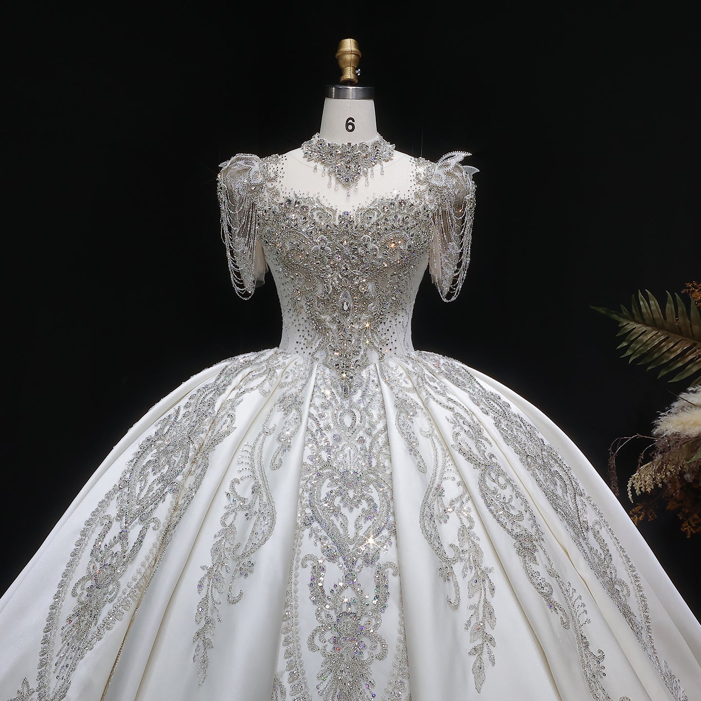 Luxury Ivory Satin Silver Floral Embroidery Ball Gown Wedding Dress SW605