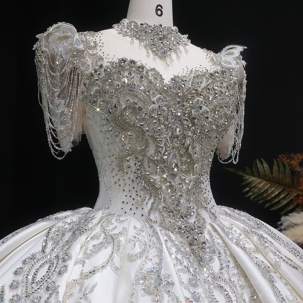 Luxury Ivory Satin Silver Floral Embroidery Ball Gown Wedding Dress SW605
