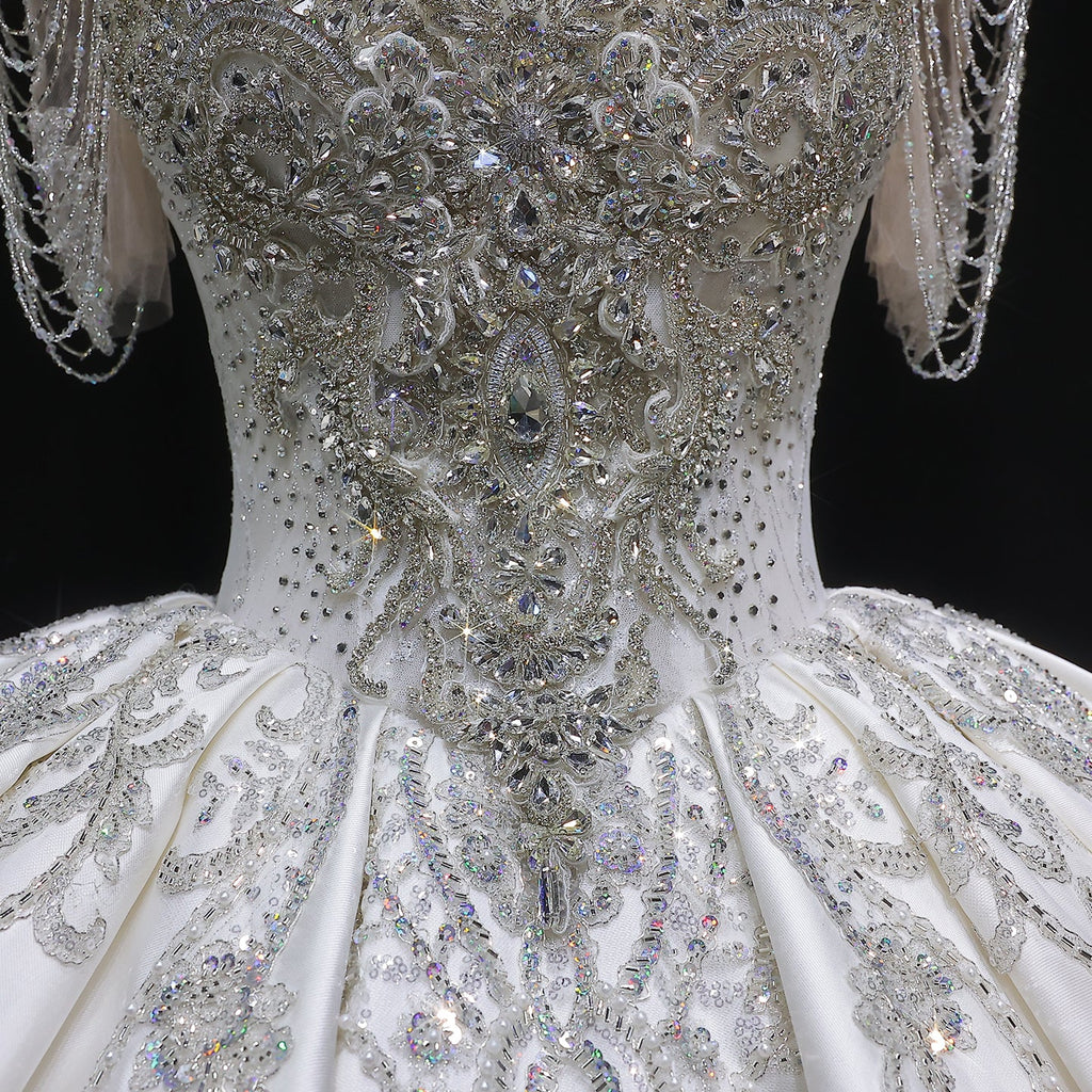 Luxury Ivory Satin Silver Floral Embroidery Ball Gown Wedding Dress SW605